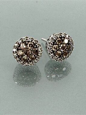 Vintage LeVian Chocolate and White Diamond Earrings in 14k White Gold Studs